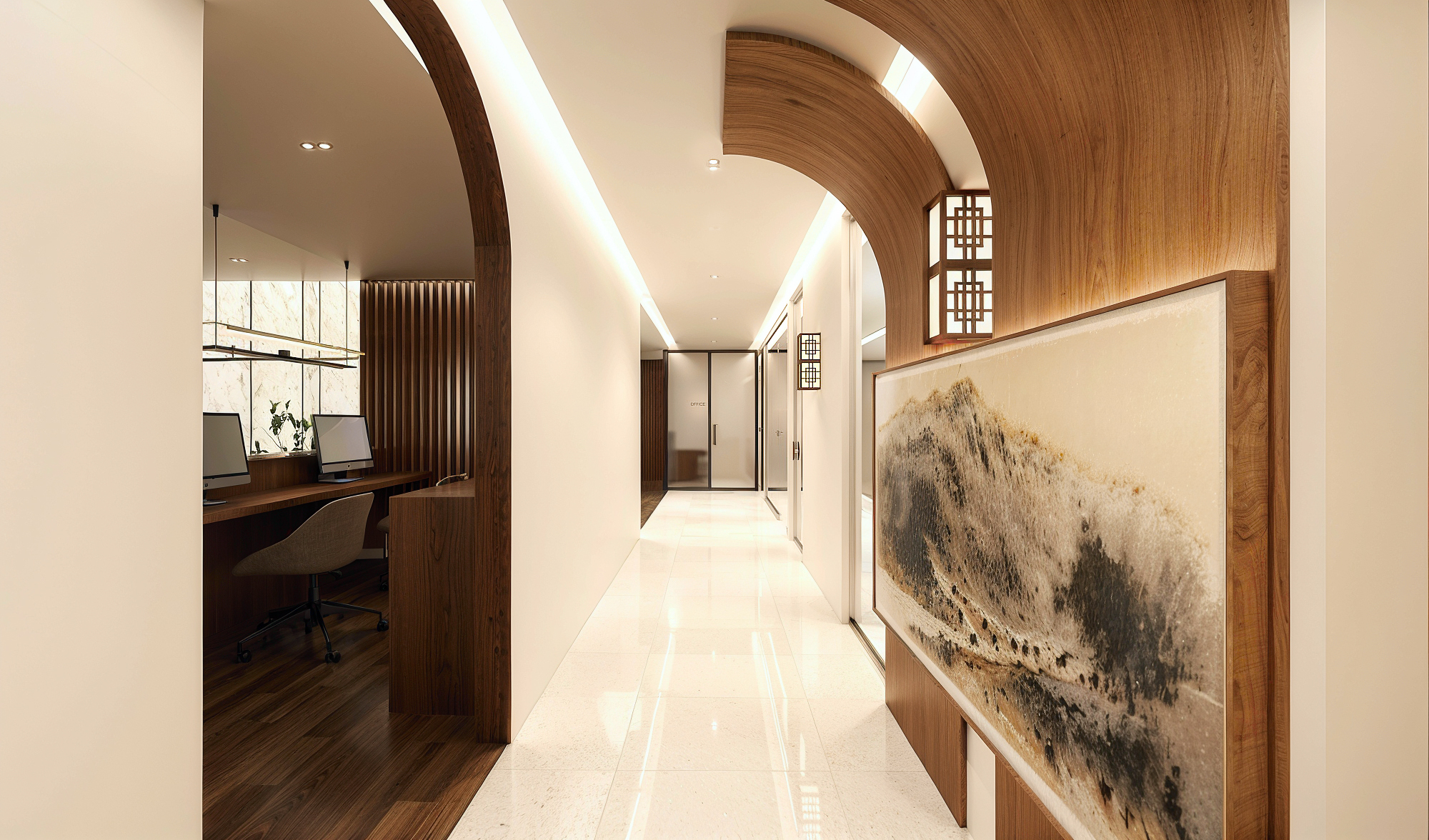Arched walnut corridor with an ink-wash landscape painting