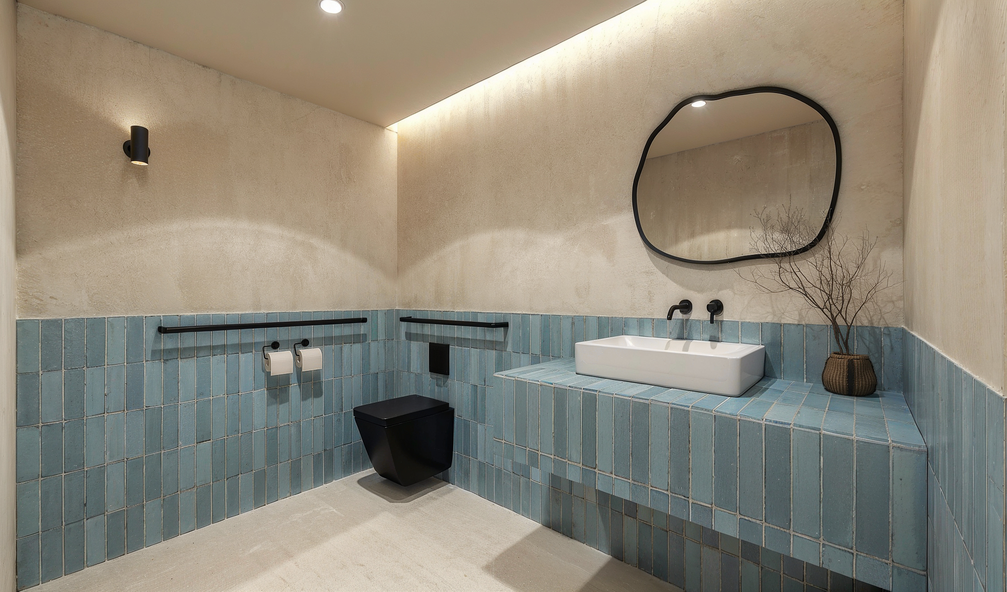 A quiet powder room finished in celadon tile and plaster