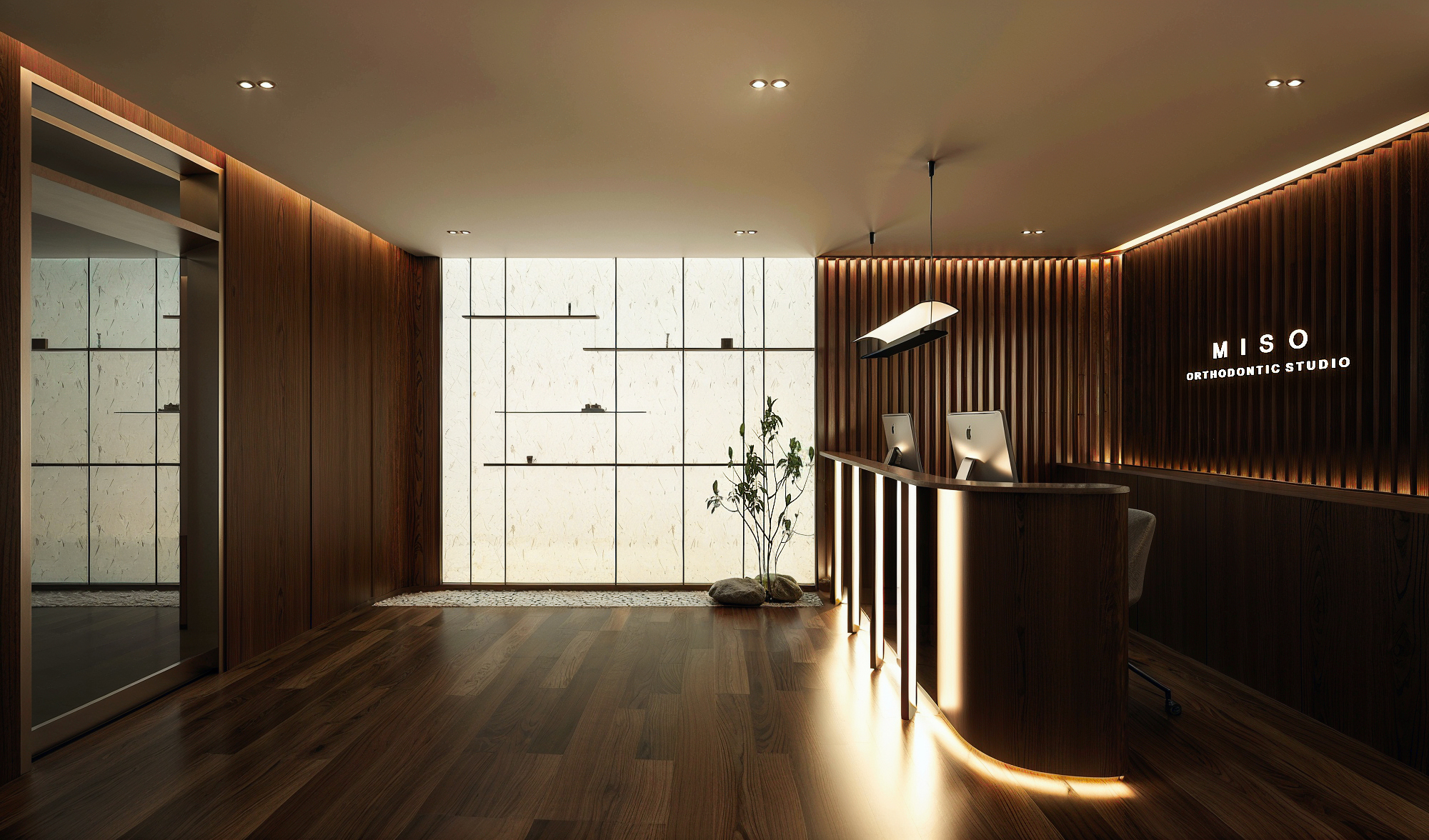 Hanji-panel feature wall behind the reception desk